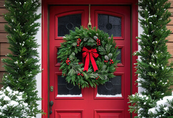 Festive wreath made of pine, holly, and berries hanging on a classic red front door