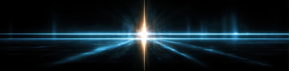 Blue futuristic laser beam with radiant starburst and digital glow effect over dark background
