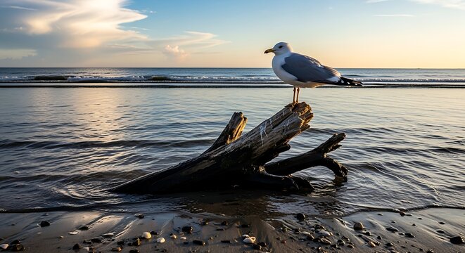 A solitary seagull perches on a weathered piece of driftwood on a sandy beach as gentle waves lap the shore. - Powered by Adobe