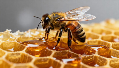 Macro of Honeybee on Honeycomb with Dripping Honey