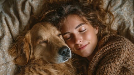 Young woman peacefully cuddling golden retriever dog in bed, cozy morning with pet in soft light
