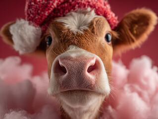 Adorable cow wearing Santa hat surrounded by pink cotton clouds on festive red background, humorous Christmas animal portrait
