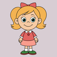 A cheerful cartoon girl with blonde pigtails and a red dress stands against a plain background