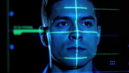 Facial recognition technology scanning male face with digital biometric interface.