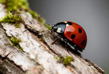 Macro of Red Ladybug on Textured Tree Bark