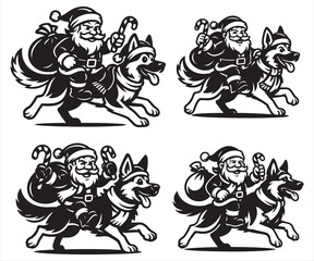 Fototapeta premium Santa Claus Riding German Shepherd Dog Christmas Vector Set | Festive Santa with Candy Cane and Gift Bag | Holiday Pet Illustration Collection