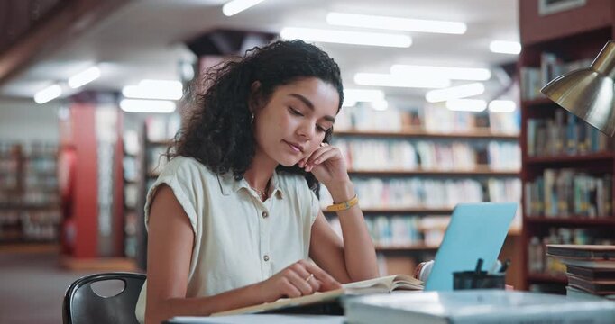 Student, laptop and reading in library with woman for education, assignment or thesis on college campus. Books, tech and female person with knowledge, preparation for exam or research for paper