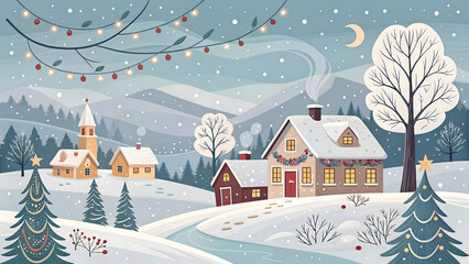 Minimal vector illustration of village in winter merry xmas