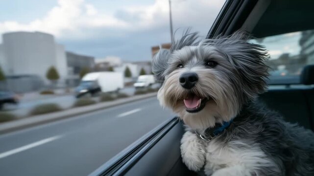 211Smiling dog in a moving car, fur ruffling in the breeze, vibrant city streets blurred behind, capturing playful energy and freedom
