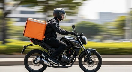 Motorcycle delivery driver with orange insulated box on back in motion on city street