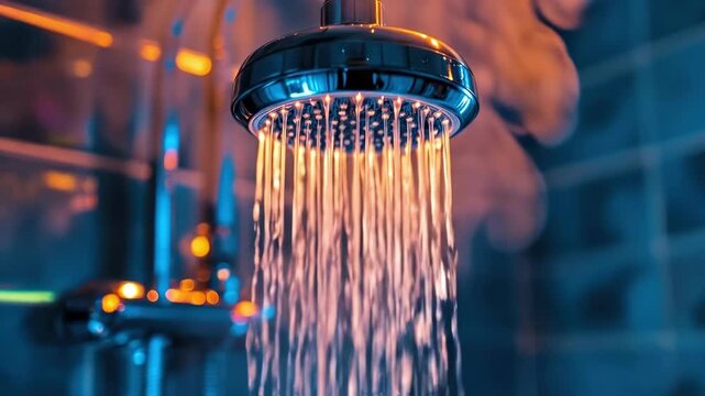 Close-up of illuminated shower head with flowing water in dark bathroom