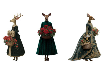 Fototapeta premium Poinsettia Forest Ladies – Vintage Deer PNG Collection