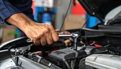 Close-up of hands working on car engine with a ratchet wrench in an auto repair shop environment, focus on mechanic