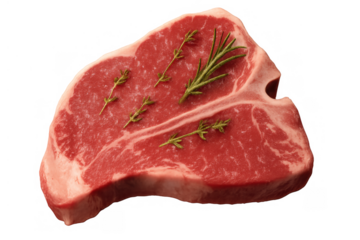Raw t-bone steak preparing for cooking, seasoning with fresh rosemary and thyme on transparent background