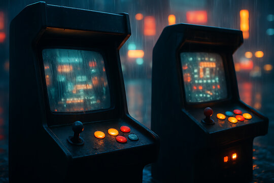 Atmospheric cyberpunk scene with illuminated retro arcade game machines glowing through rain reflecting neon city lights at night