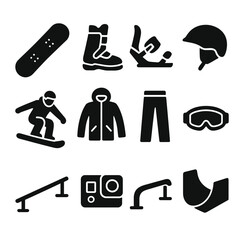 Winter sports silhouette icon set. featuring snowboard, boots, bindings, helmet, jacket, pants, goggles, action camera