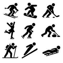 Winter sports silhouette icon set. featuring skiing, snowboarding, ice hockey, ice skating, curling, and ski jumping symbols
