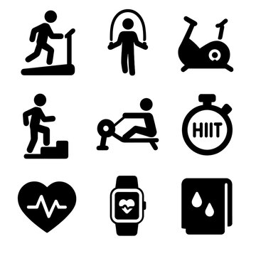 Fitness activities silhouette icons set. featuring treadmill, jump rope, cycling, step, rowing, hiit, heart rate, smartwatch, hydration