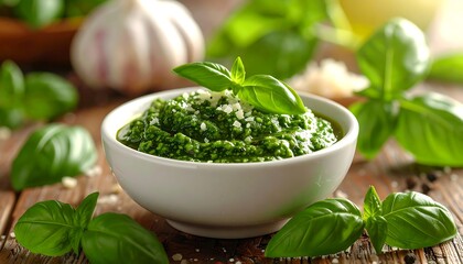 Close-up of pesto in white bowl with basil leaves and garlic cloves on wooden table, bathed in warm light