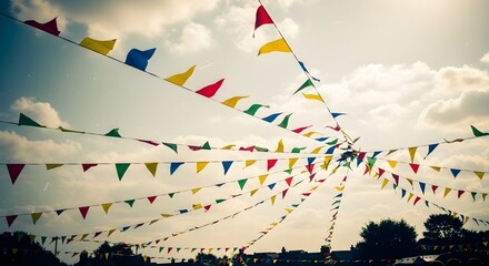 Vibrant festival flags flutter joyfully against a dreamy sky, creating an atmosphere of celebration and fun