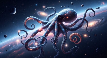 Cosmic octopus majestically swims through a vibrant nebula filled with distant galaxies and glowing planets, a surreal celestial spectacle.