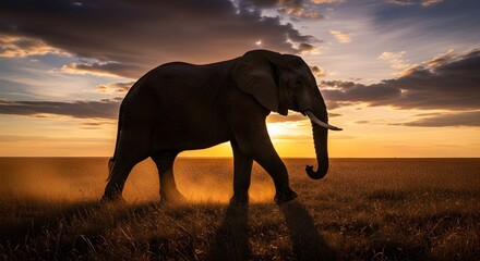 Majestic elephant traverses golden savanna at breathtaking sunset, kicking up dust in dramatic silhouette