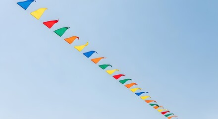 Vibrant colorful pennant flags flutter against a clear bright blue sky, celebrating outdoor events and festive occasions