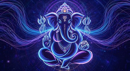 Enchanting Ganesha radiating cosmic energy with vibrant neon glow, symbolizing wisdom and prosperity in the universe