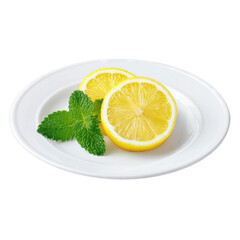 White ceramic plate with sliced lemon and mint leaves. Isolated white background. Png format