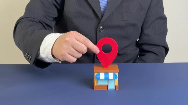 Shop and large geolocation pin symbol. Physical location of the store. Advertising and attracting customers. Offline visibility. Retail store location emphasis for marketing outreach.