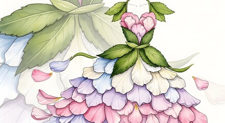 Elegant floral dress design with pastel petals and green leaves, perfect for fashion illustrations, spring promotions, or whimsical bridal designs
