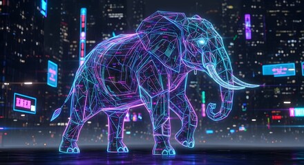 Futuristic neon elephant walking through a vibrant cyberpunk city at night, symbolizing technology, innovation, and the wild nature of digital evolution