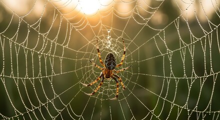 Morning dew glistens on a spiderweb, the spider waiting patiently for its prey in the beautiful sunlight creating a magical, intricate design