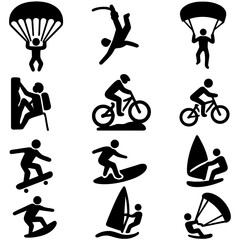 Adventure sports silhouette icon set. featuring climbing, skydiving, biking, surfing, and skateboarding symbols