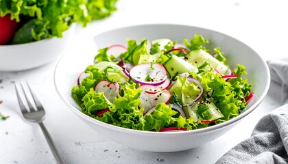 Crisp, fresh salad of lettuce, radishes, cucumbers, and red onions in a white bowl. Gray cloth. Fork near