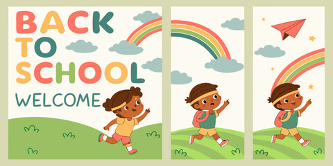 Four vertical posters, each promoting Back to School.  Each poster features a child, depicted in a cartoon style.  Children are various ages, diverse in ethnicity, dressed in simple, colorful clothing