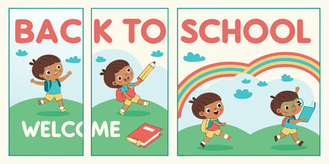 Four vertical posters, each promoting Back to School.  Each poster features a child, depicted in a cartoon style.  Children are various ages, diverse in ethnicity, dressed in simple, colorful clothing
