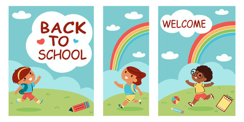 Four vertical posters, each promoting Back to School.  Each poster features a child, depicted in a cartoon style.  Children are various ages, diverse in ethnicity, dressed in simple, colorful clothing