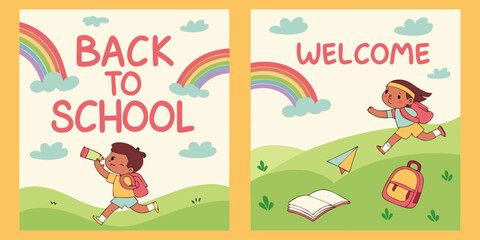 Four vertical posters, each promoting Back to School.  Each poster features a child, depicted in a cartoon style.  Children are various ages, diverse in ethnicity, dressed in simple, colorful clothing