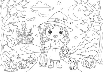 A charming Halloween coloring page of a little witch with her cat and pumpkins, an illustration for a kids' activity book