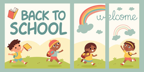 Four vertical posters, each promoting Back to School.  Each poster features a child, depicted in a cartoon style.  Children are various ages, diverse in ethnicity, dressed in simple, colorful clothing