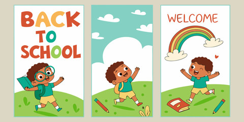 Four vertical posters, each promoting Back to School.  Each poster features a child, depicted in a cartoon style.  Children are various ages, diverse in ethnicity, dressed in simple, colorful clothing