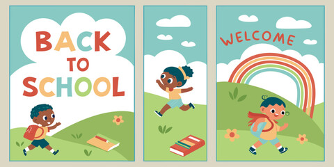 Four vertical posters, each promoting Back to School.  Each poster features a child, depicted in a cartoon style.  Children are various ages, diverse in ethnicity, dressed in simple, colorful clothing