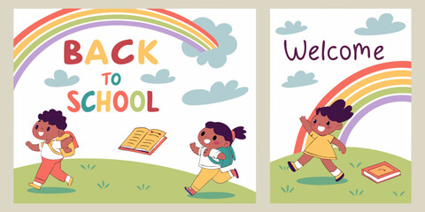 Four vertical posters, each promoting Back to School.  Each poster features a child, depicted in a cartoon style.  Children are various ages, diverse in ethnicity, dressed in simple, colorful clothing