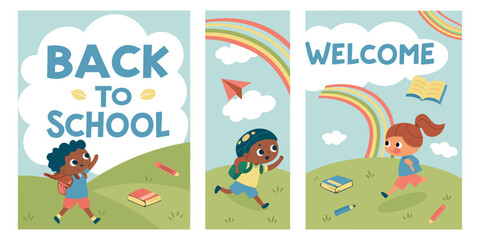 Four vertical posters, each promoting Back to School.  Each poster features a child, depicted in a cartoon style.  Children are various ages, diverse in ethnicity, dressed in simple, colorful clothing