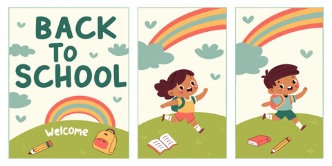 Four vertical posters, each promoting Back to School.  Each poster features a child, depicted in a cartoon style.  Children are various ages, diverse in ethnicity, dressed in simple, colorful clothing