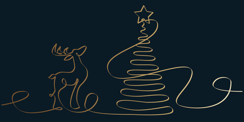 Vector Christmas card in line art style. Festive sketch. Golden Deer, christmas tree, bell isolated on blue background. Continuous line drawing christmas toys