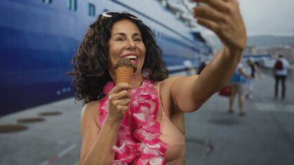 Woman in bikini with lei enjoys ice cream and smartphone selfie outdoors at port with cruise ship...