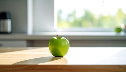 Crisp green apple centered on a bright wooden table against a softly blurred kitchen backdrop