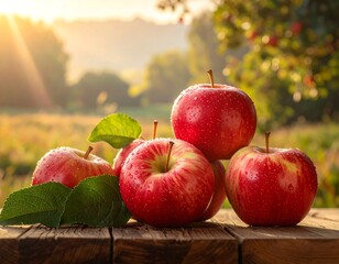 Crisp red apples, stacked on a rustic wooden surface with water droplets, bask in warm sunlight. A soft, natural background completes the scene